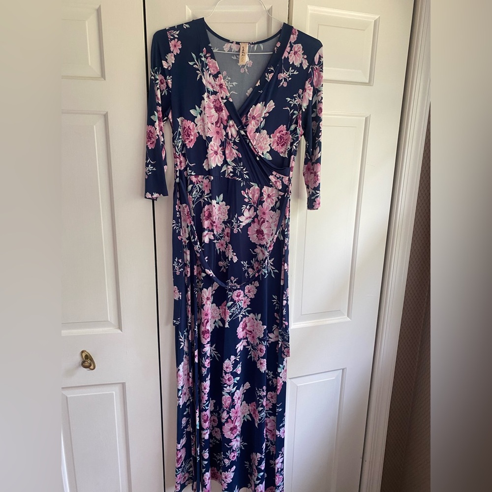 Medium maxi dress. Navy blue and pink with some teal. Tie around waist.